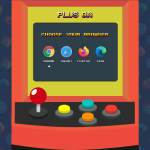 Illustration of an arcade game on a "Choose Your Browser" start page, with options to select Chrome, Safari, Firefox, and Edge