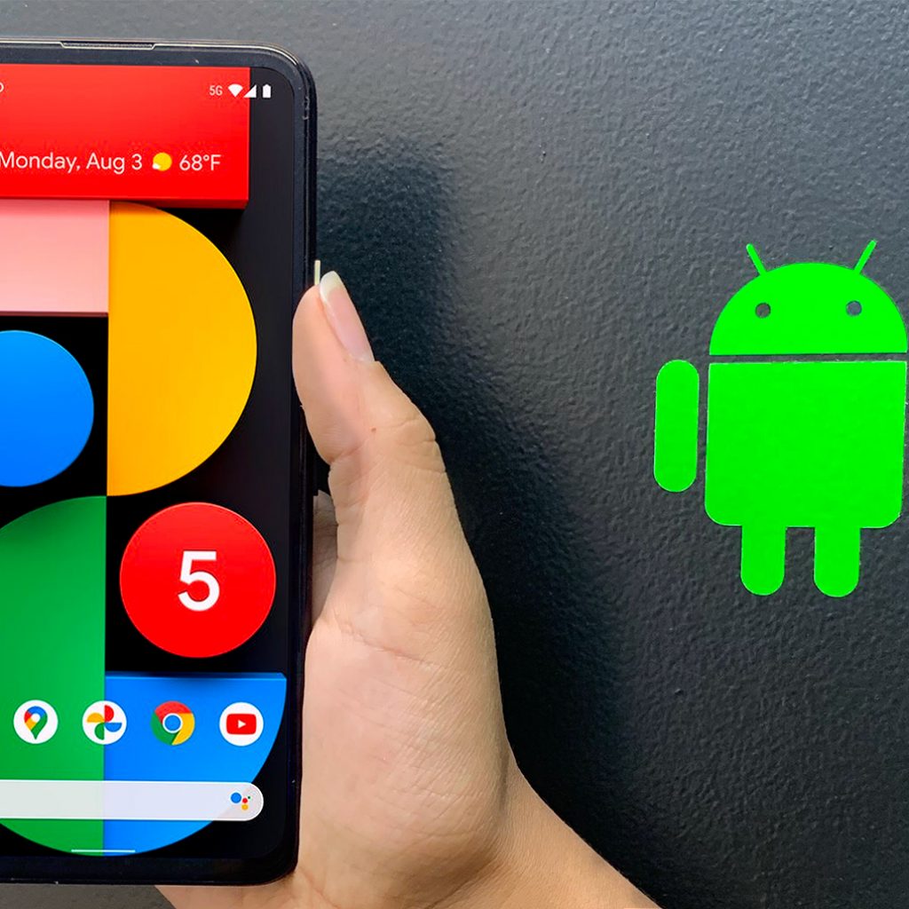 Pixel 5 - an Android device for app testing in 2021 next to an Android logo sticker