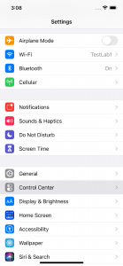 Screenshot of the Settings on an iPhone, with the Control Center highlighted to select.