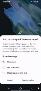 Screenshot of the Screen Recorder Sound Settings, with no sound selected and the options to Cancel or Start Recording on Android 11.