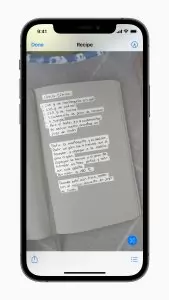 An iPhone on iOS 15, demonstrating a new live text feature