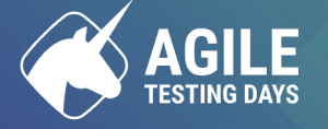 Agile Testing Days logo shows a white unicorn on a gradient blue, green, and purple background