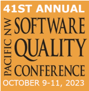 The logo for the 41st Annual Pacific NW Software Quality Conference shows a mixture of white and black test on an orange square. 