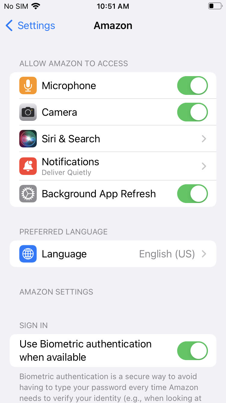 Screenshot of the permissions menu for the Amazon Shopping app.