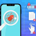 Illustration of a mobile device. There is a magnifying glass on the screen revealing a 'bug'. Next to the phone are three icons representing different types of common mobile app bugs.
