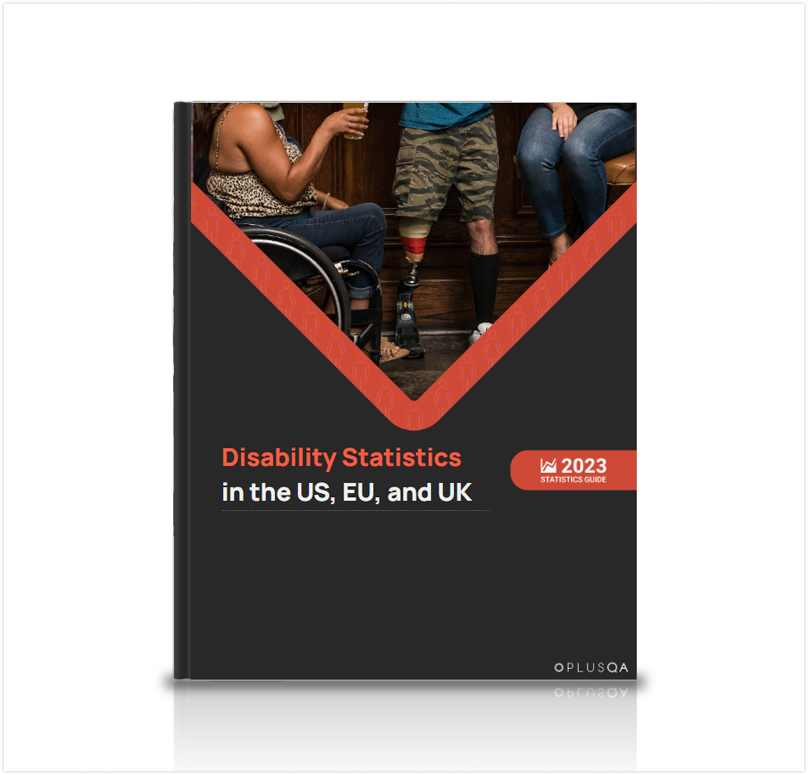 Promotional image for PLUS QA's Disability Statistics in the US, EU, and UK guide