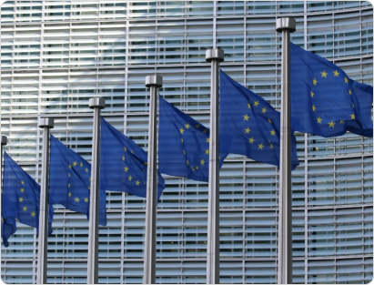 Six flagpoles waving the European Union flag in front of a large government building.