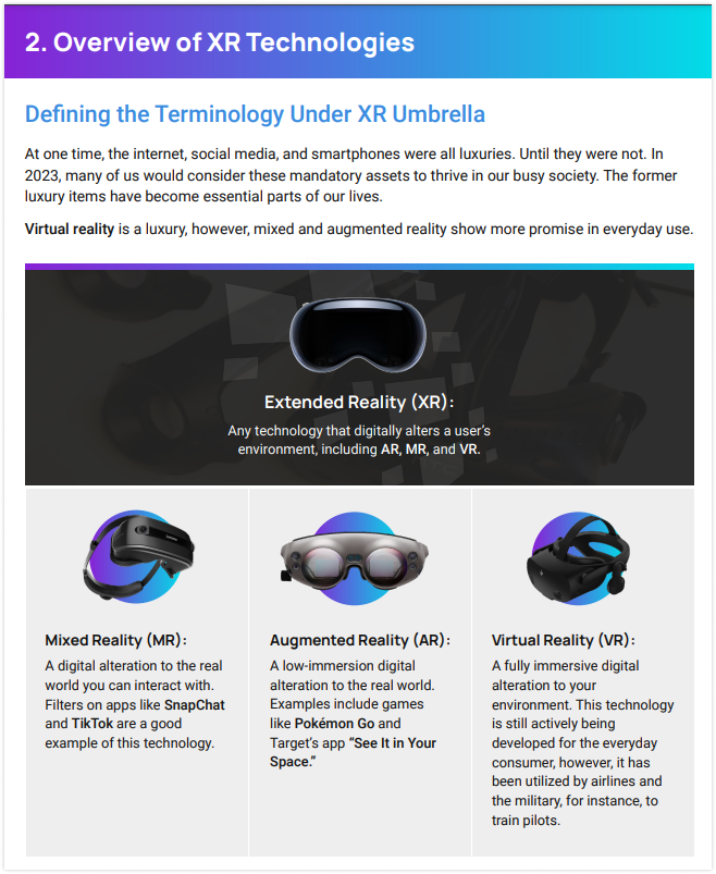 Page 4 of PLUS QA's 2023 XR guide showcasing the relationship between XR, VR, AR, and MR headsets.