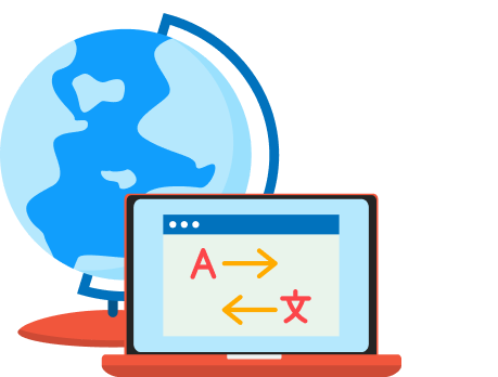 Illustration of a laptop in front of a globe. On the laptop screen is a diagram showing a translation of language taking place.