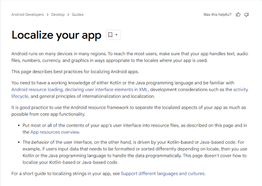 Screenshot of the 'Localize Your App' section of Google's Localization guidelines on their website.