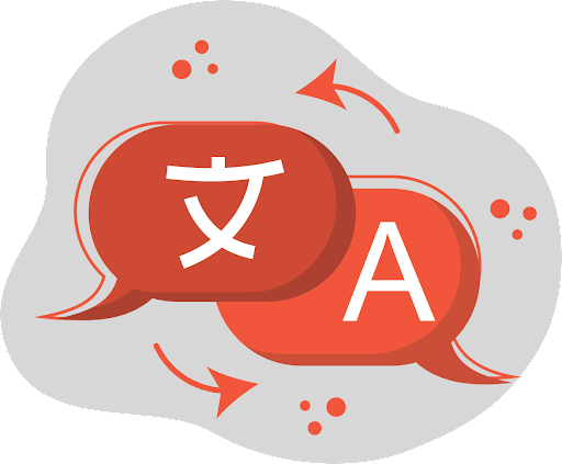 Illustration of two language bubbles. Each has a single character for a different language. There are two arrows showing a localization process taking place.